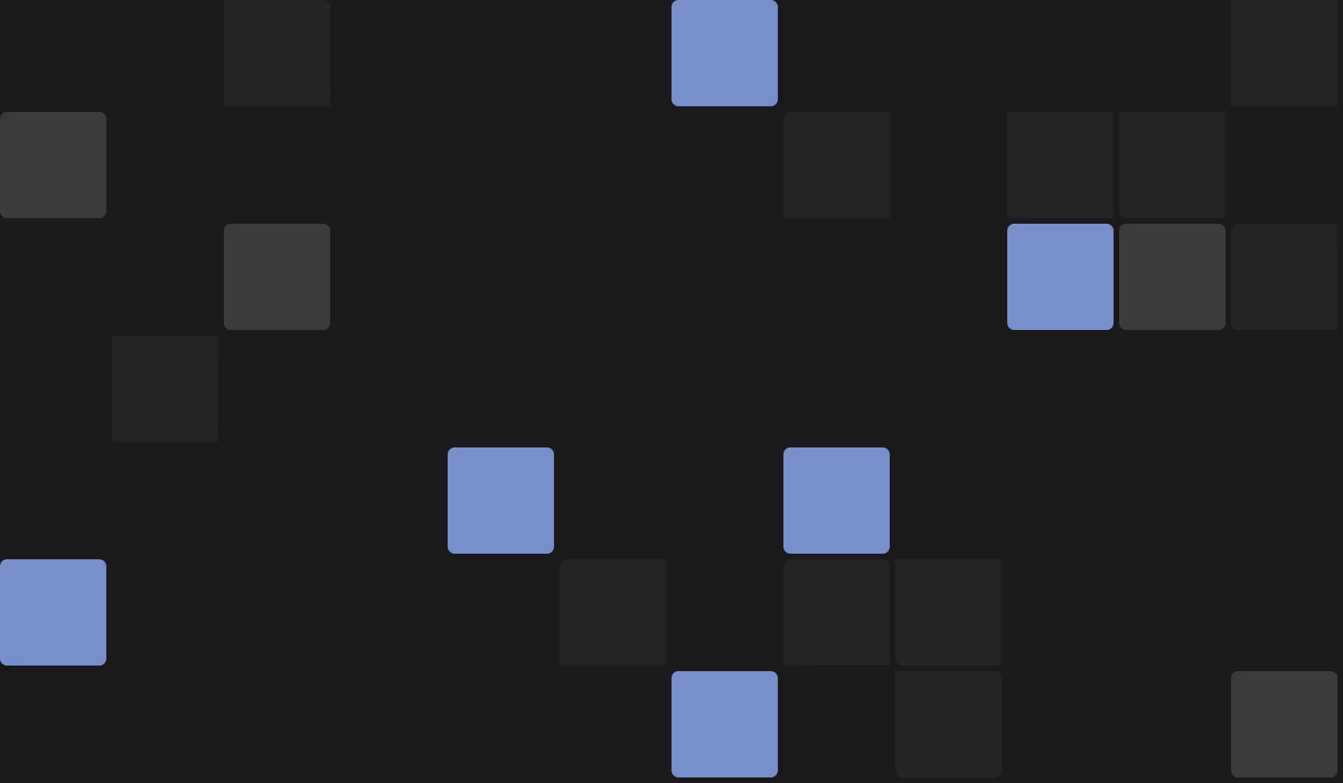 Abstract grid of dark rounded squares with one blue accent tile, suggesting pre-built blocks assembled ahead of time